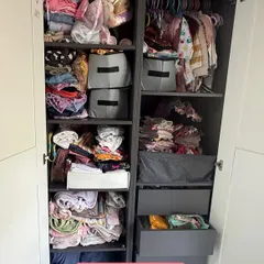 Before: A child's wardrobe struggling with clutter, where clothes are piled up and hard to access. This is a common starting point for many families we help.