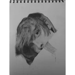 An early stage of a self-portrait. You can see the grid lines and the initial shading of the eye and hair, the first steps in a long process.