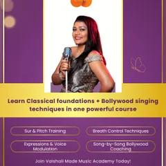 This course is one of our most popular, blending a strong classical foundation with modern Bollywood singing techniques. You will master 'sur' and pitch training, breath control, and song-by-song coaching for your favorite tracks.