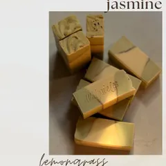 A look at one of our custom soap creations, a Jasmine and Lemongrass bar. We work with you to choose fragrances and designs, weaving your story into every sustainable, handmade bar.