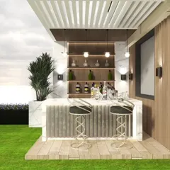 3D render of a chic outdoor bar concept for a Gurgaon terrace. The design features a marble-finish countertop, elegant bar stools, and built-in shelving with ambient lighting, perfect for entertaining guests.