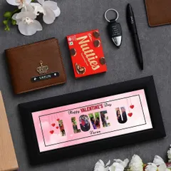 A perfect Valentine's combo for him, featuring a personalized "I LOVE U" photo frame, a custom wallet, a metal pen, an LED keychain, and a box of Nutties.