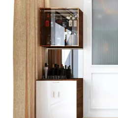 This compact, corner bar unit is a perfect space-saving solution. It features a glass-front upper cabinet and a lower cabinet with a mirrored back to create an illusion of depth.