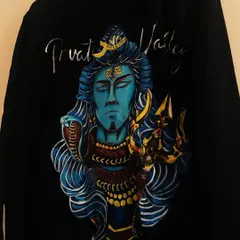 A slightly different angle of the finished Shiva jacket, highlighting the metallic sheen in the script and the deep, meditative expression on Shiva's face.