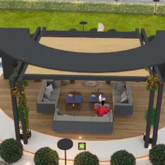A top-down view of the pergola seating area from the 3D model. This detailed visualization allows us to finalize furniture layout and ensure comfortable circulation space.
