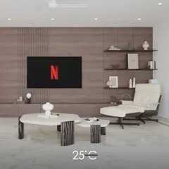 A detail shot focusing on a comfortable reading corner. The image highlights the plush off-white lounge chair and the uniquely designed nested coffee tables, emphasizing our commitment to creating stylish and functional nooks for relaxation.