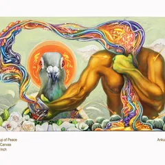 Titled "The Cup of Peace," this 36x60 inch oil on canvas from 2023 is a surrealist piece. It blends a human figure with a pigeon, a universal symbol of peace, to explore our inner quest for harmony.