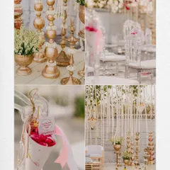 A collage of the elegant wedding decor, featuring traditional brass lamps, clear ghost chairs, and cones of petals for the guests.
