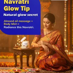 Here is my Navratri glow tip. This image of a woman in festive attire explains that the secret to natural radiance is a combination of an almond oil massage and a refreshing body mist.