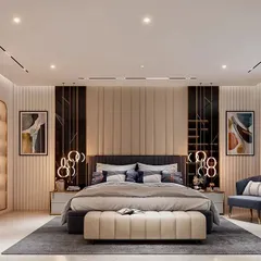 I designed this master bedroom to be a serene and elegant retreat. The floor-to-ceiling upholstered headboard with vertical grooves, flanked by modern art and unique circular pendant lights, adds a layer of sophisticated comfort and luxury.