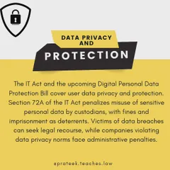An overview of data privacy and protection laws in India, referencing the IT Act and the Digital Personal Data Protection Bill. The post specifically mentions Section 72A, which penalizes the misuse of sensitive personal data, empowering users to seek legal recourse in case of data breaches.