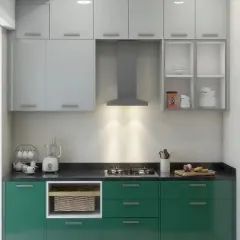 A straight-line kitchen with a bold color combination of forest green and light grey. The open basket weave shelf adds a unique, rustic touch.