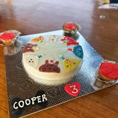 A close-up of a custom-made dog-friendly birthday cake for a dog named Cooper, who celebrated turning three with us. We can arrange for special cakes and decor for your private paw-ty.