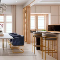 This view shows how the dining area flows into a stylish breakfast bar. I used consistent gold accents and a neutral palette to connect the spaces, creating a cohesive design that is perfect for both formal dining and casual conversations over coffee.