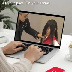 My online academy lets you learn anywhere, anytime, on your own terms. This image shows how you can access my expert haircutting lessons right from your laptop, turning any space into your classroom.