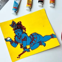 A sweet painting of little Krishna crawling with a ball of butter in his hand. This 9x10 inch piece captures his playful and mischievous nature against a simple, bright yellow background.