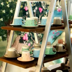 A charming display of colourful, speckled tea cups on a rustic ladder shelf. This is part of our high-tea setup, adding a whimsical and artistic touch to the beverage service.