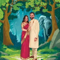 For this couple's portrait, we created a whimsical jungle theme to tell their love story. This digital illustration was part of a complete wedding invite suite, showing how we can build a whole world for your special day.