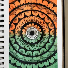 A finished mandala I created for Independence Day, using the colors of the Indian flag with a watercolor blend effect.