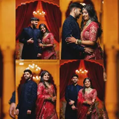 A collage of a couple's reception portraits, showcasing their royal blue and red outfits. Each frame tells a story of love and celebration.