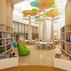 In the library at Euro School, Airoli, a colorful overhead canopy shaped like trees becomes a whimsical focal point. This design element brings visual warmth and invites children to gather, read, and learn beneath it.