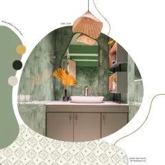 A mood board for a bathroom in one of our traditional homes. We curated a palette of moss green, cane lighting, and patterned tiles to envision a space that feels organic, textural, and connected to nature.