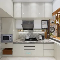 A 3D render of a compact and efficient kitchen design. It features white high-gloss cabinets, a built-in microwave, and an open-pass-through window to the dining area.