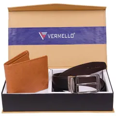 This executive gift set features a classic tan bifold wallet crafted from soft, genuine leather, paired with a durable dark brown leather belt. The set is designed for professionals who appreciate timeless style.