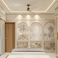 A serene bedroom design featuring arched panels with a subtle tropical wallpaper. The false ceiling with cove lighting and spotlights creates a soft, layered lighting effect perfect for relaxation.