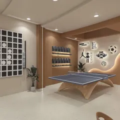 This is a game room we designed for a recreational space. It features a mix of activities like table tennis and a wall-mounted chess board, with fun, graphic wall art to create a playful and energetic atmosphere.