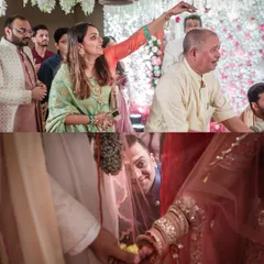 A collage showing key wedding rituals, including a peek from behind the antarpat and a sister's role in the ceremony.