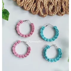 I love making these macrame hoop earrings in different colors. Here are two pairs in baby pink and turquoise, perfect for adding a pop of color to your outfit.