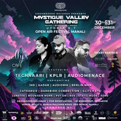 The flyer for Mystique Valley Gathering, a New Year's Eve open-air techno festival in Manali. We welcome the new year dancing under the stars amidst snow-covered peaks.