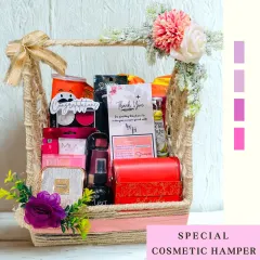 My special cosmetic hamper is a vibrant collection of makeup and treats. It includes products from brands like Mars, a "Congratulations" face mask, and other goodies, all arranged in a rustic rope-handled basket.
