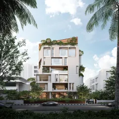 This is a vision for a mid-rise coastal residence in Mumbai. The design is a carved volume with integrated planters and framed openings, creating a dialogue with the sea while modulating privacy, light, and ventilation for urban living.