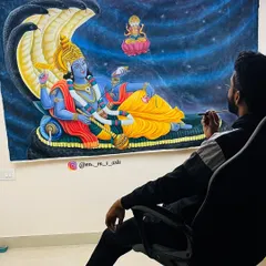This large 6.5 by 4 feet acrylic canvas of Anantha Padmanabha was a special commission. It shows my ability to handle large-scale, detailed mythological paintings that can become the spiritual centerpiece of a home.