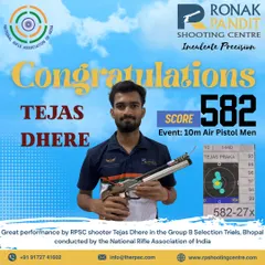 Consistency meets precision. We celebrate Tejas Dhere for his stellar score of 582 in the 10m Air Pistol Men’s event at the Group B Selection Trials in Bhopal.