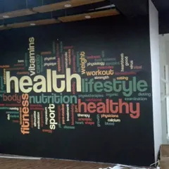 This word cloud mural, centered around "health" and "lifestyle," is perfect for a wellness center or gym. It visually reinforces the core values of the business and creates a positive, health-focused environment.