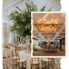 An elegant ballroom reception setup. We used tall, tree-like floral centerpieces and classic Chiavari chairs to create a sophisticated and enchanting atmosphere for an indoor celebration.