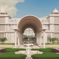 A render of a grand hotel entrance, where a clean, arched roof combines utility with refined grandeur. This design element subtly references royal architecture while framing the arrival experience.