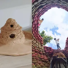 A side-by-side comparison of a small clay model and the actual earthbag dome under construction. This illustrates how we move from design concepts to full-scale reality.