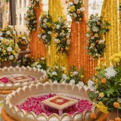 A close-up of the Haldi ceremony seating, featuring two large golden lotus-shaped bowls filled with flower petals. These unique details make the event truly special and photo-worthy.