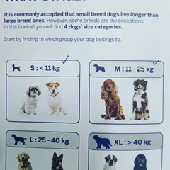 Choosing the right food and products often depends on your dog's size. This simple chart helps you identify if your dog falls into the small, medium, large, or extra-large breed category for better product selection.