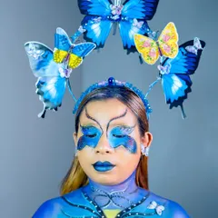 A closer look at the detailed eye makeup and headpiece from our butterfly fantasy creation. My students learn to harmonize different elements to tell a visual story.