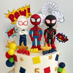 Spidey senses tingling! This Spidey and His Amazing Friends cake for Kunjyadan’s 5th birthday features hand-modeled characters of Spidey, Ghost-Spider, and Spin.