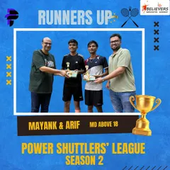 Proud moment for the academy. Our players Mayank and Arif secured the Runners-Up title in the Men's Doubles (Above 18) category at the Power Shuttlers' League. Runner-up today, champion mindset always.