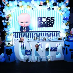 We rolled out the blue carpet for Boss Baby Prithvi's first birthday. This detailed setup features a large "ONE" marquee table, custom printed pedestals, and plenty of character cutouts for a fun and immersive party experience.