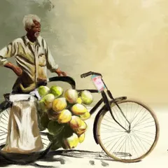 And here is the final colored version of the 'Coconut Seller'. You can see how I used digital oil brushes to build up color and texture over the initial sketch to bring the scene to life.
