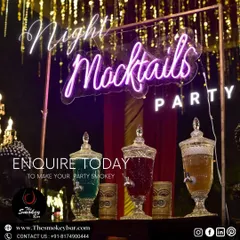 A vibrant 'Night Mocktails Party' setup. I provide beautiful glass dispensers filled with a variety of colorful and delicious mocktails, ensuring there's something for everyone.