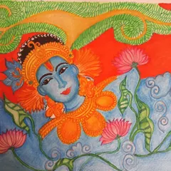 This piece is my take on the Kerala mural style, depicting Lord Krishna among lotus flowers. I used the characteristic colors and flowing lines of this art form to create a serene and devotional scene, perfect for a peaceful corner of your home.